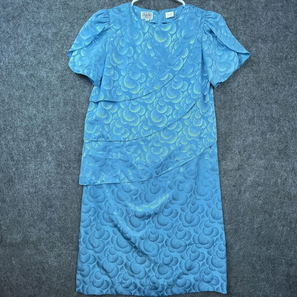 Vintage Leslie Fay Petites Dress Womens 4 Aqua 80s Ruffle Tiered Shoulder Pads‎